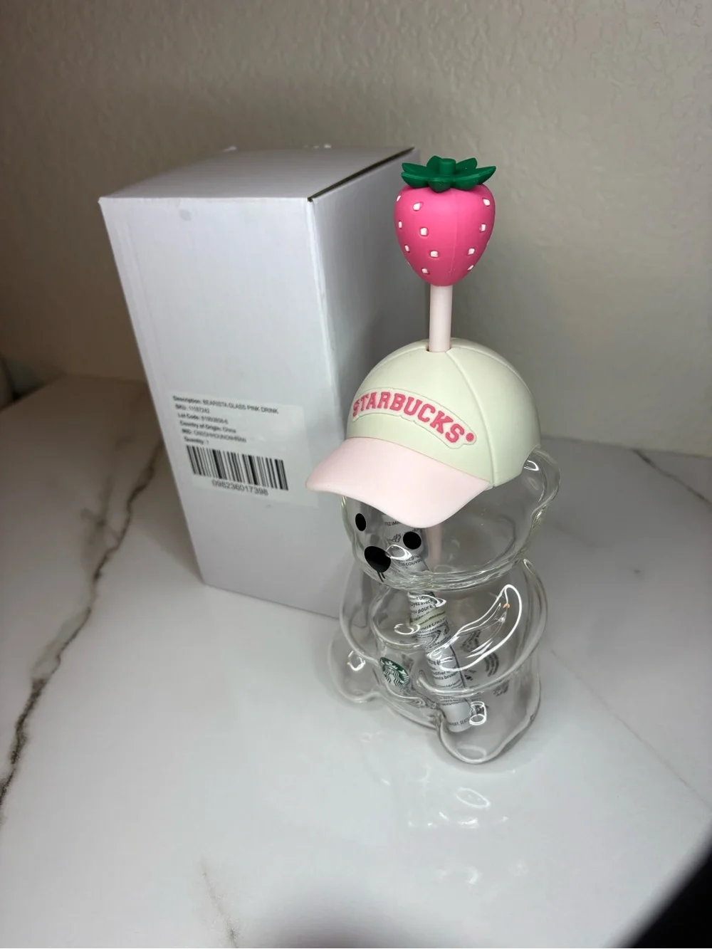 Starbucks Clear Bearista Bear Glass Bottle with Pink Cap and Strawberry Topper